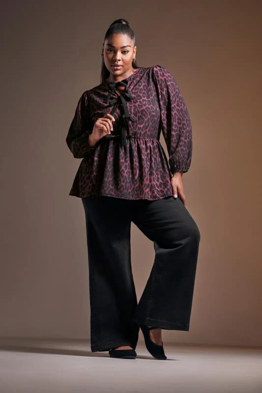 LIMITED COLLECTION Curve Burgundy Red Leopard Print Bow Tie Front Top