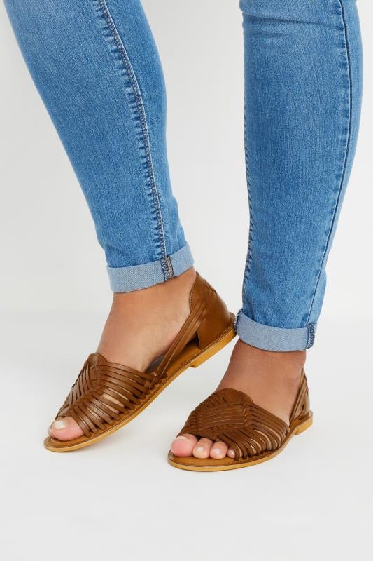 Brown Leather Woven Flat Sandals In Wide E Fit & Extra Wide EEE Fit