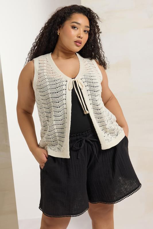 YOURS Curve Black Crinkle Crochet Trim Shorts