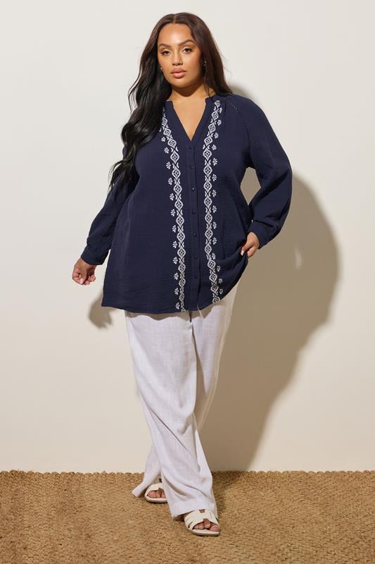 YOURS Curve Navy Blue Embroidered Cheesecloth Shirt 3 YOURS Curve Navy Blue Embroidered Cheesecloth Shirt