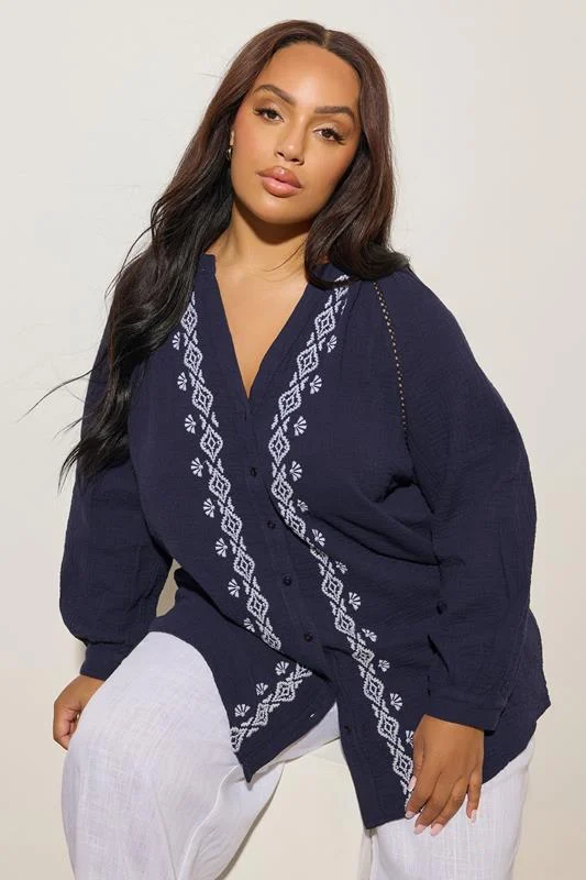 YOURS Curve Navy Blue Embroidered Cheesecloth Shirt 5 YOURS Curve Navy Blue Embroidered Cheesecloth Shirt