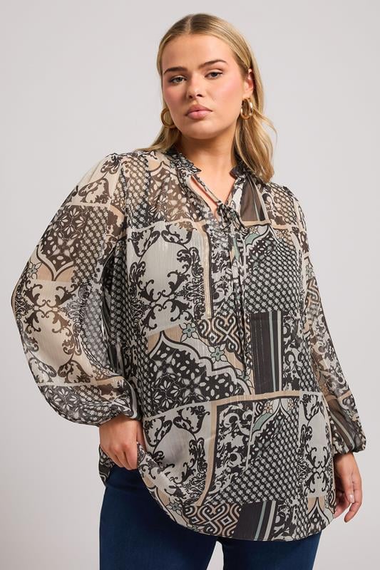YOURS LONDON Curve Natural Brown Scarf Print Metallic Blouse