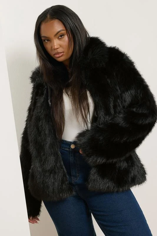 YOURS Curve Black Collared Faux Fur Jacket