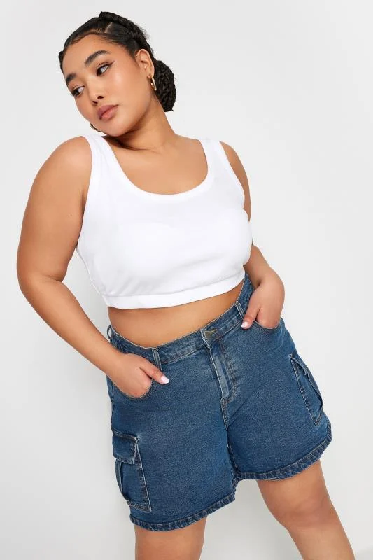 YOURS Curve Mid Blue Stretch Denim Cargo Shorts