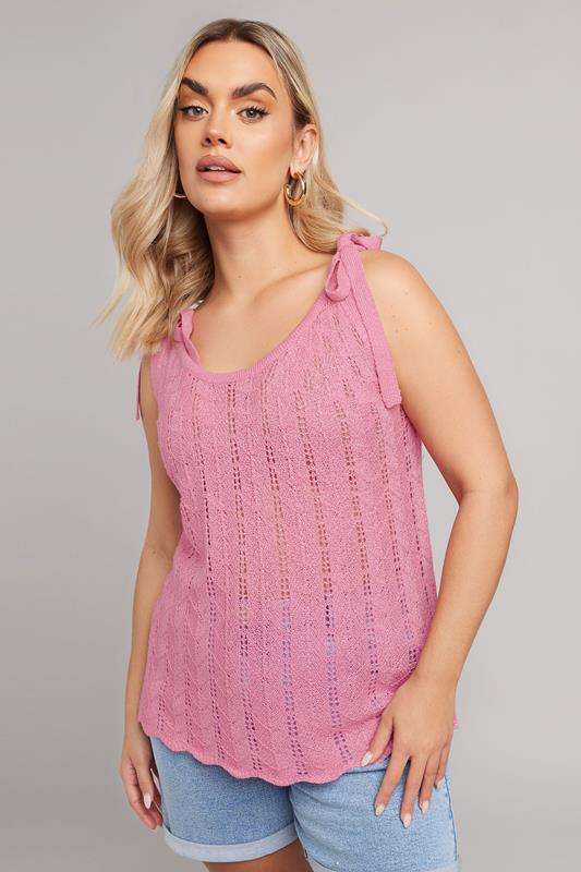 YOURS Curve Pink Bow Tie Detail Knitted Vest Top