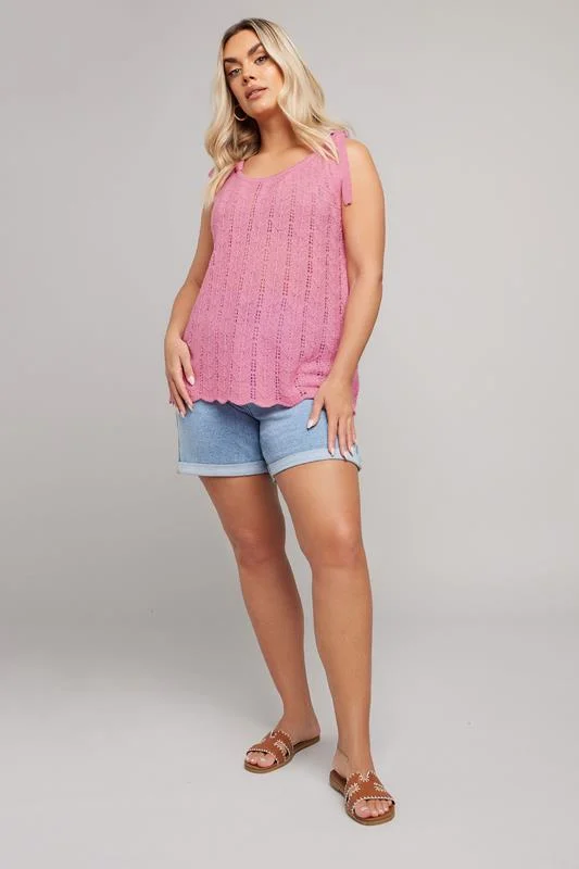 YOURS Curve Pink Bow Tie Detail Knitted Vest Top 3 YOURS Curve Pink Bow Tie Detail Knitted Vest Top