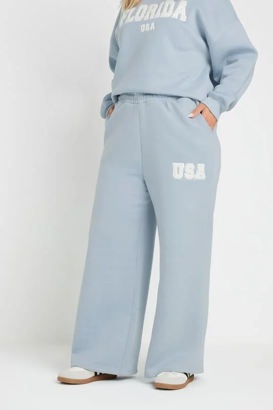 YOURS Curve Light Blue Slogan Wide Leg Joggers