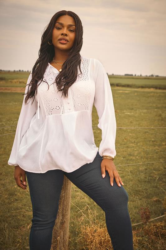 YOURS Curve Cream Broderie Anglaise Tie Neck Blouse