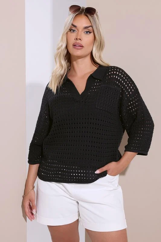YOURS Curve Black Crochet Collared Knitted Jumper