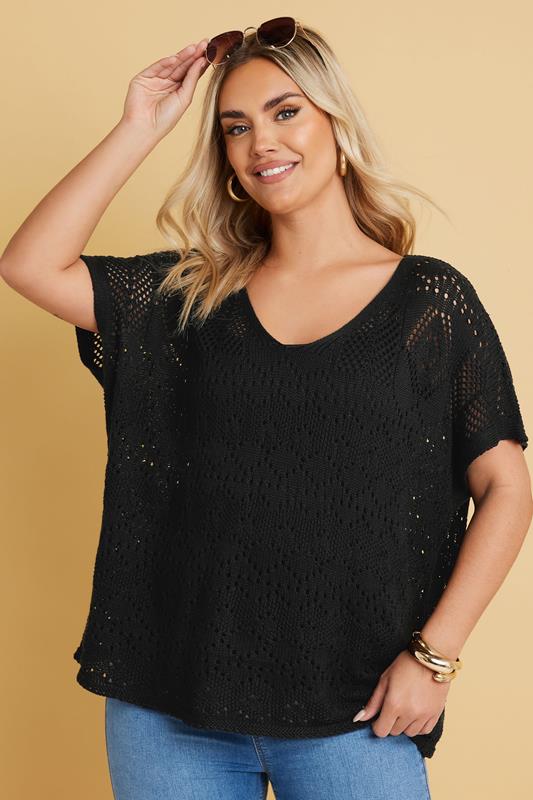 YOURS Curve Black Crochet Knitted Top