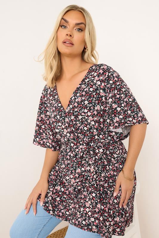 YOURS Curve Black & Pink Floral Print Wrap Top