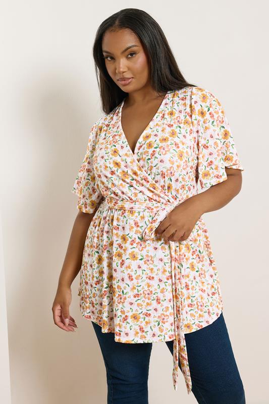 YOURS Curve Orange Floral Print Ribbed Wrap Top