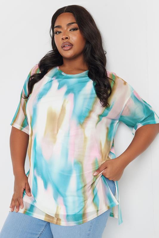 YOURS Curve Blue Abstract Oversized Mesh Top
