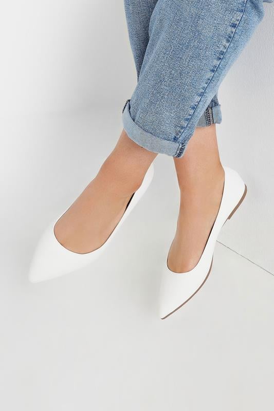 White Pointed Ballet Pumps In Wide E & Extra Wide EEE Fit