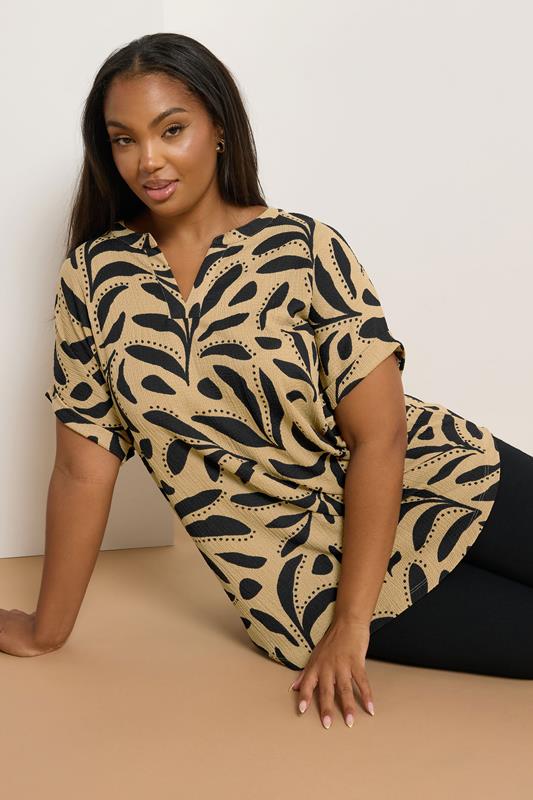 YOURS Curve Natural Brown Leaf Print Textured Top