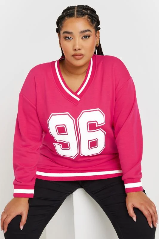 YOURS Curve Hot Pink'96' Slogan Varsity Sweatshirt