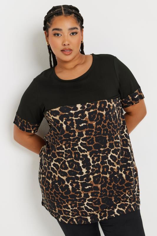 YOURS Curve Black Contrast Leopard Print Top
