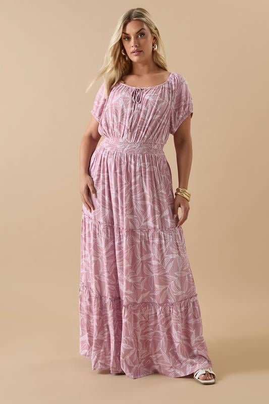 YOURS Curve Pink Leaf Print Tie Front Maxi Dress