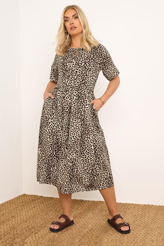 YOURS Curve Brown Leopard Print Bow Tie Front Dress