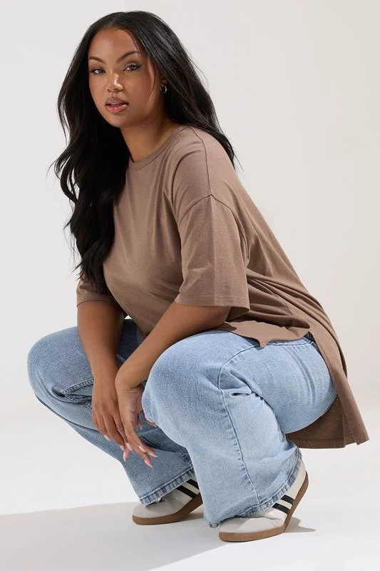 YOURS Curve Mocha Brown Oversized Side Split T-Shirt