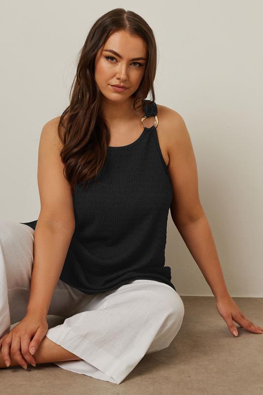 YOURS Curve Black Ring Detail Textured Vest Top