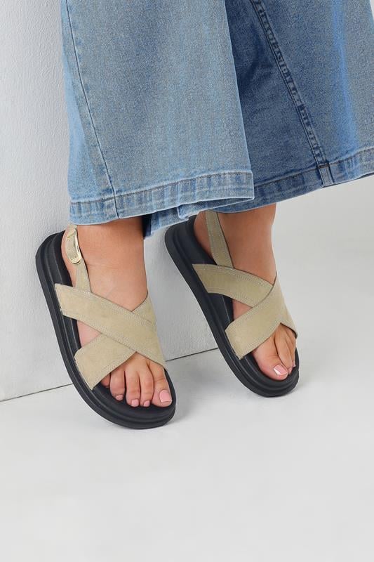 Natural Brown Faux Suede Contrast Stitch Sandals In Extra Wide EEE Fit