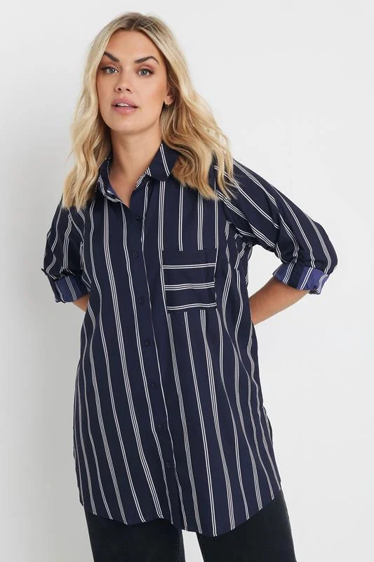 YOURS Curve Navy Blue Stripe Print Boyfriend Shirt