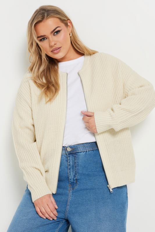 YOURS Curve Cream Knitted Bomber Cardigan