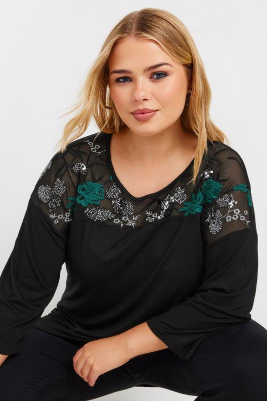 YOURS Curve Black & Green Mesh Embellished Swing Top