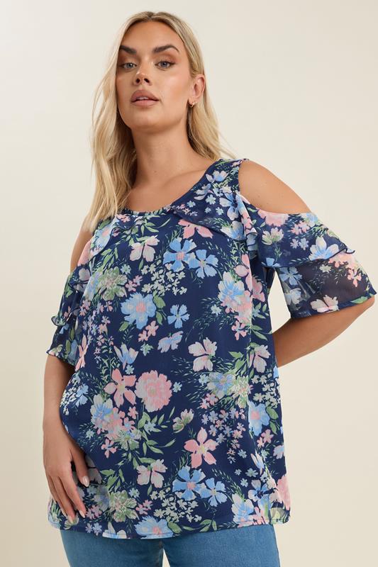 YOURS Curve Navy Blue Floral Print Frill Blouse
