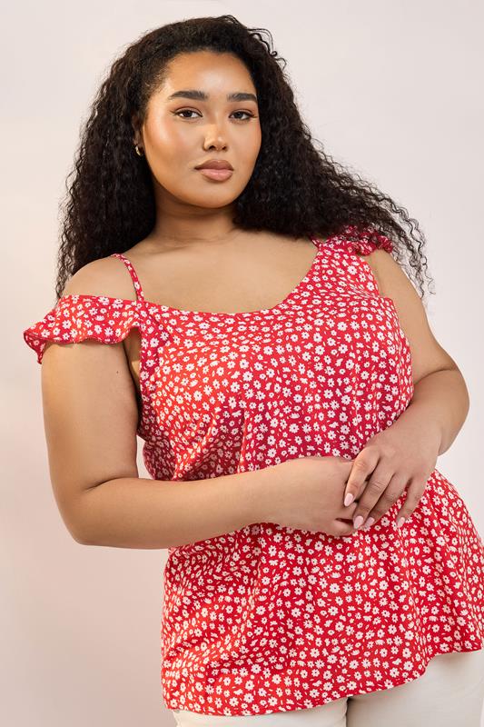 YOURS Curve Red Floral Cold Shoulder Frill Top