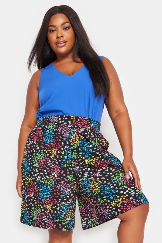 YOURS Curve Black Rainbow Ditsy Floral Print Jersey Shorts