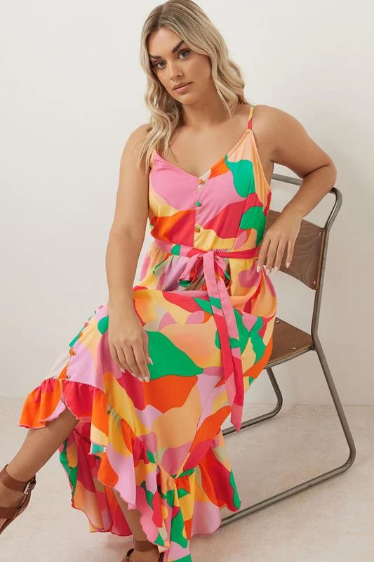 YOURS Curve Pink Abstract Print Frill Hem Midi Dress