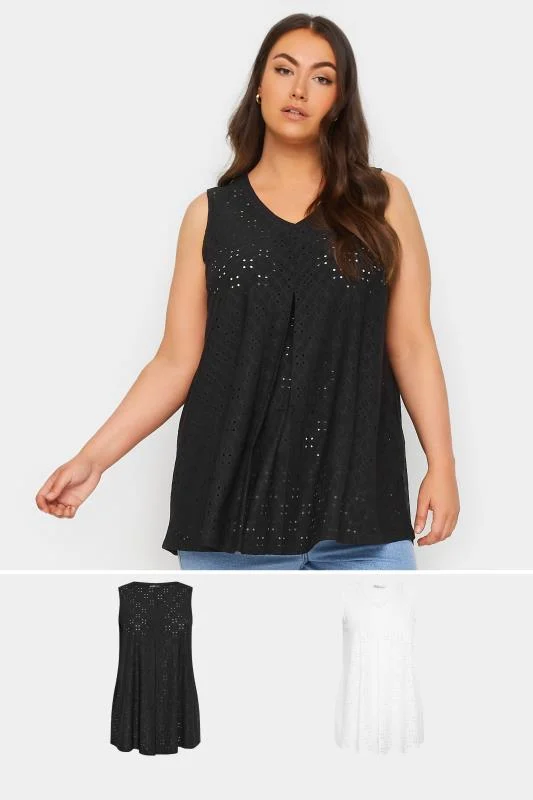2 PACK Black & White Broderie Anglaise Swing Vest Tops