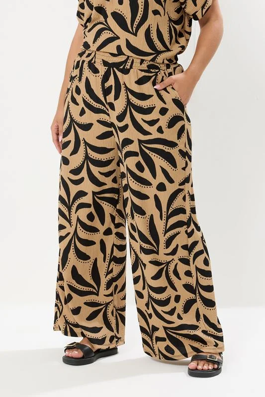 YOURS Curve Natural Brown Leaf Crinkle Wide Leg Trousers