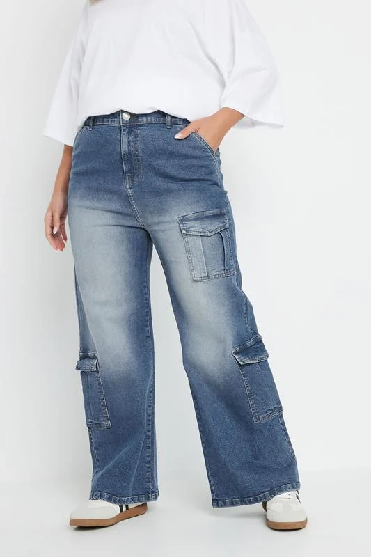 YOURS Curve Blue Washed Effect Cargo Jeans