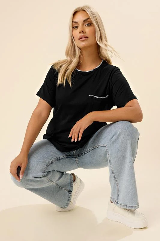 YOURS Curve Black Contrast Stitch Pocket Heavyweight T-Shirt