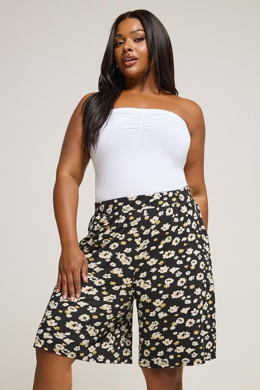 YOURS Curve Black & Yellow Floral Jersey Shorts