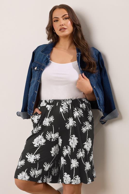 YOURS Curve Black & White Palm Tree Shorts