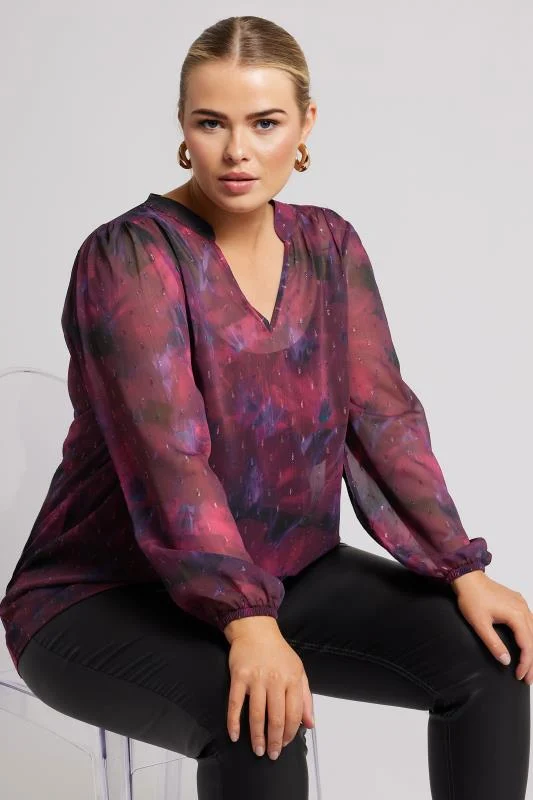 YOURS LONDON Curve Burgundy Red Blur Abstract Print Blouse