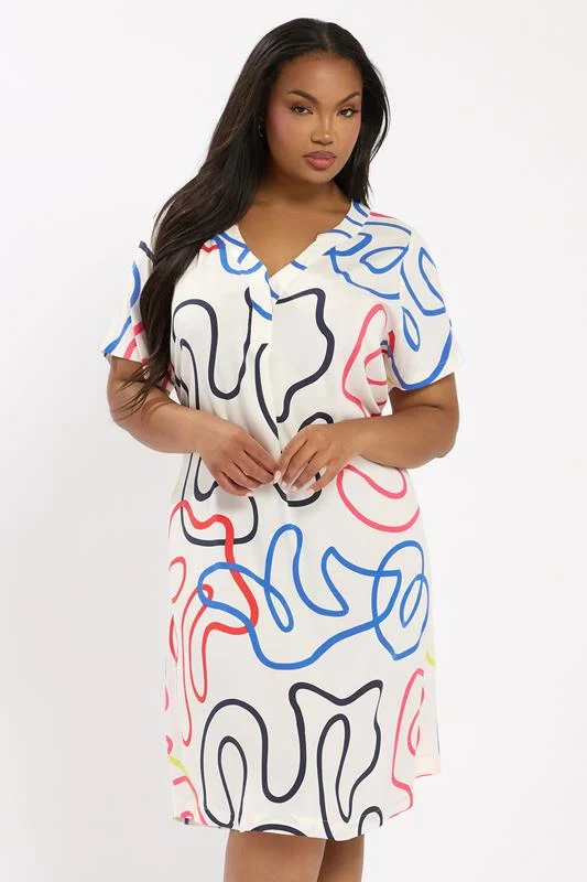 YOURS Curve White Abstract Swirl Pleat Front Tunic Dress