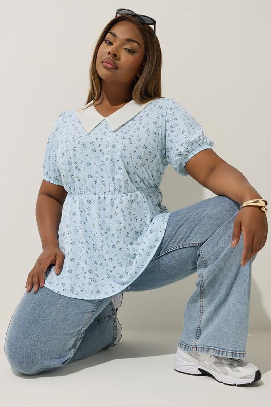 LIMITED COLLECTION Curve Blue Ditsy Floral Collared Top
