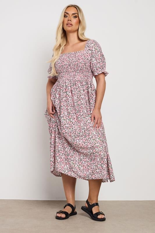 YOURS Curve Pink Floral Shirred Square Neck Midaxi Dress