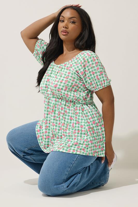 LIMITED COLLECTION Curve Green Floral Gingham Bardot Top