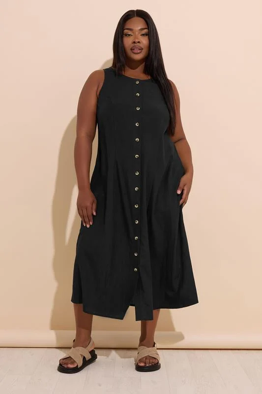 YOURS Curve Black Linen Button Through Midaxi Dress