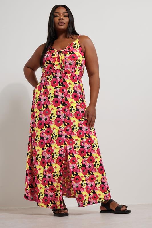 YOURS Curve Black & Pink Floral Print Maxi Dress