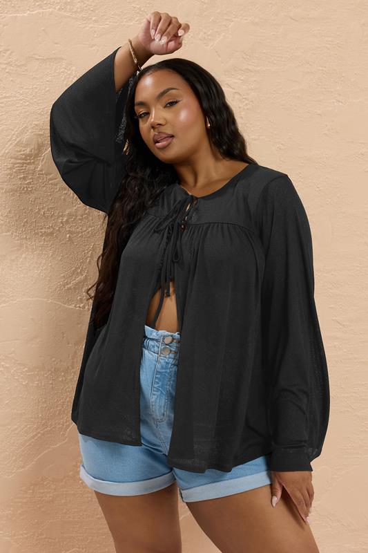 YOURS Curve Black Lightweight Tie Front Top