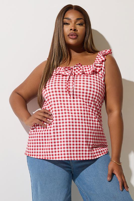 LIMITED COLLECTION Curve Red Gingham Frill Tie Top
