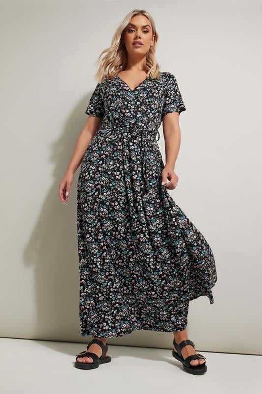 YOURS Curve Black Ditsy Floral Print Wrap Dress