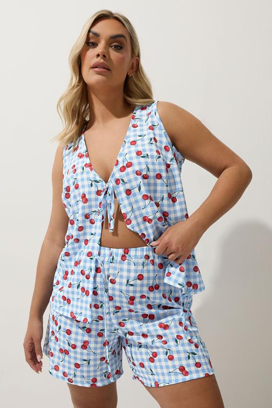 LIMITED COLLECTION Curve Blue Gingham Cherry Print Shorts